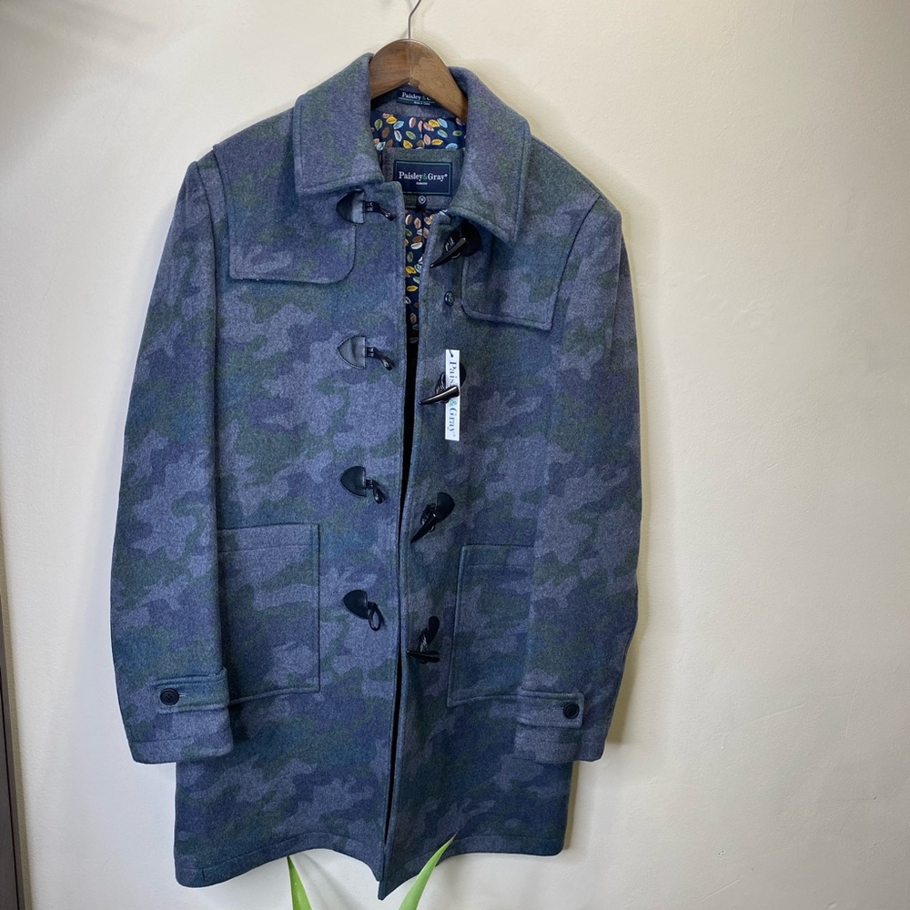 PAISLEY & GRAY Toggle coat Grey Blue Camo Overcoat Size M